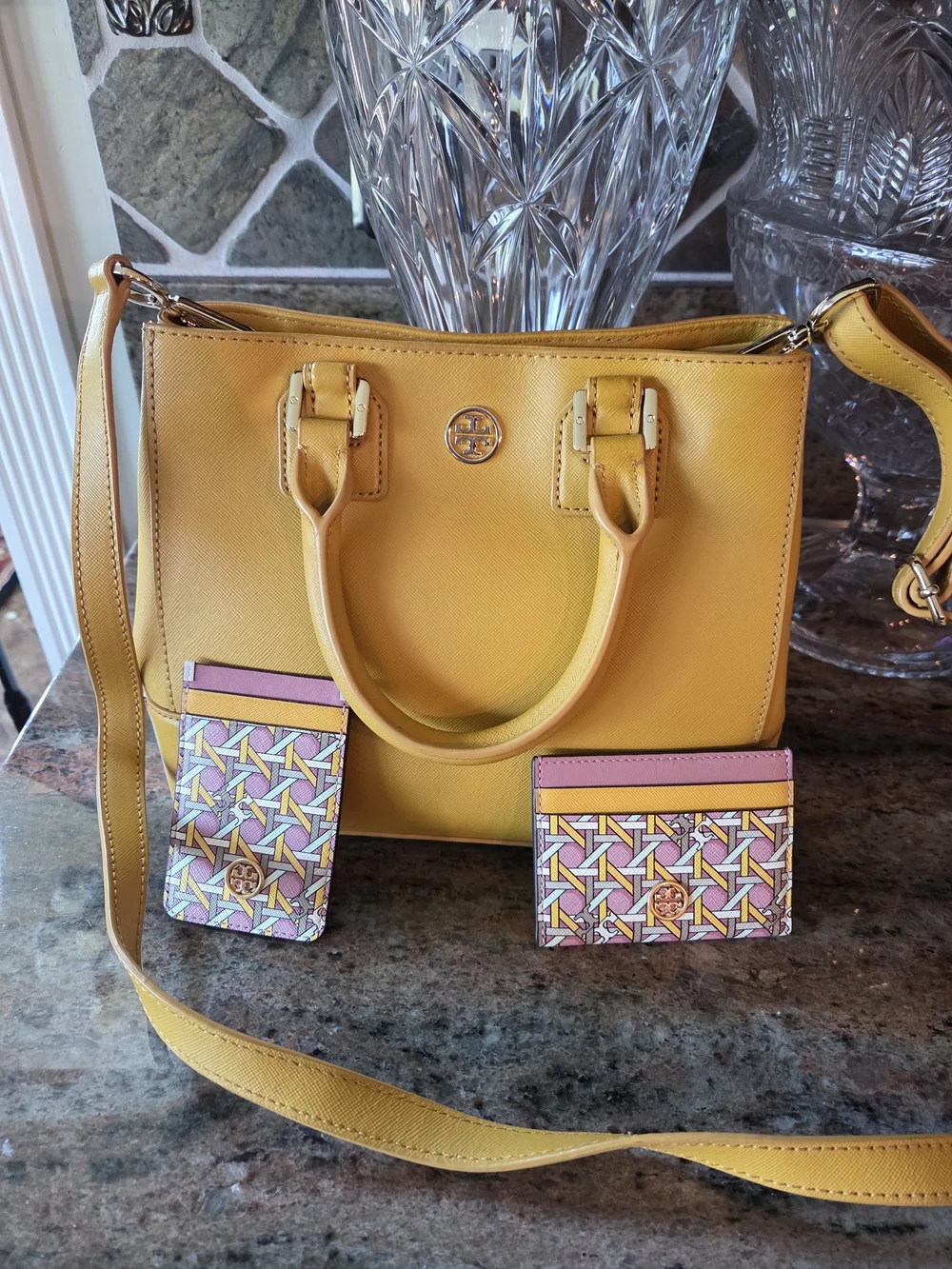 Tory Burch Yellow Leather Satchel with Two Cardholders